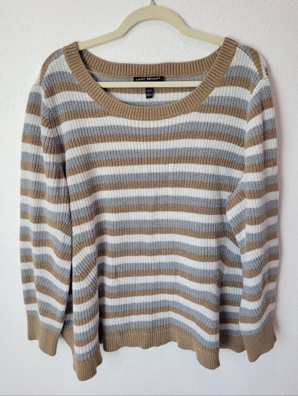 Lane Bryant Womens 22/24 Striped Crewneck Sweater Gray Tan White Loose Fit